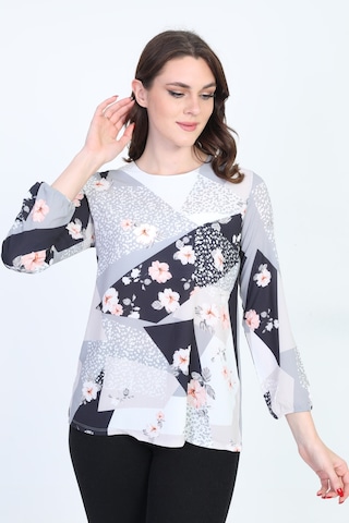 Ella Camelia Kadın Uzun Kollu Çiçek Desenli Bluz 18E081 Gri
