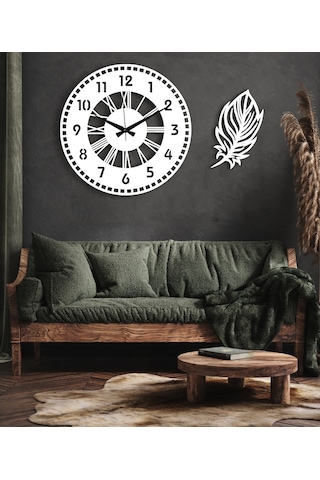 50X50 Dekoratif Beyaz Duvar Saati + Tablo 35 Cm Hediye Beyaz