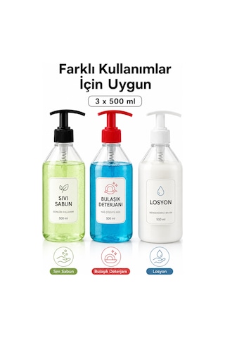Sıvı Sabunluk Pompalı Şeffaf Dispenser 500 Ml Üçlü Set Şefaf