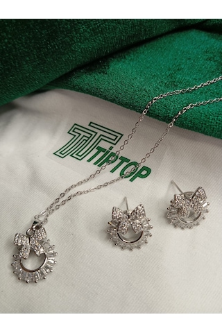 Tiptop/ Gümüş Renk Zirkon Taşlı Baget Fiyonk Model Kolye Ve Küpe Seti Gümüş