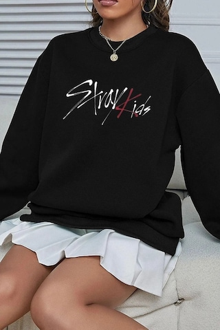 Seuscraft Unisex Siyah Stray Kids Baskı Oversize Bisiklet Yaka Sweatshirt SIYAH