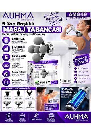 Auhma Amg49 2400mah 6 Kademeli 5 Başlıklı Masaj Tabancası Derin Kas Masaj Cihazı Beyaz
