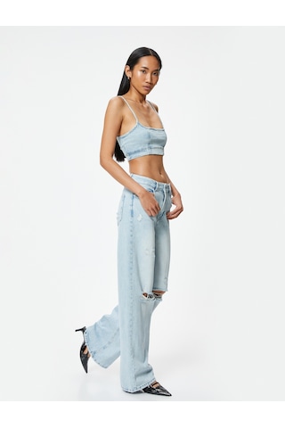 Koton Geniş Paça Yırtık Kot Pantolon Standart Bel Düğmeli - Bianca Wide Leg Jean Açık İndigo 4sal40472md Açık İndigo