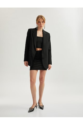Koton Yüksek Bel Slim Fit Taş Detaylı Mini Abiye Etek Siyah 5sak70012fk Siyah