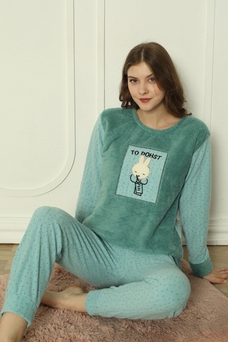 Wordex Fawn 3300 Peluş Welsoft Polar Kışlık Sevimli Tavşanlı Kadın Pijama Takımı Yeşil