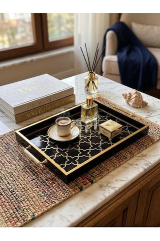 Öykü LIVING Şık Kahve Sunum Tepsisi - Altın Detaylı Siyah Desenli Hediye Dekoratif Obje