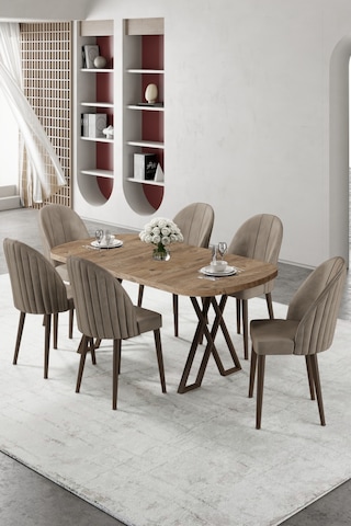 Canisa Kaye Serisi Mdf 90x168 Atlantik Çam Mutfak Masa Takımı 6 Sandalye Atlantik Çam Masa Cappucino Sandalye