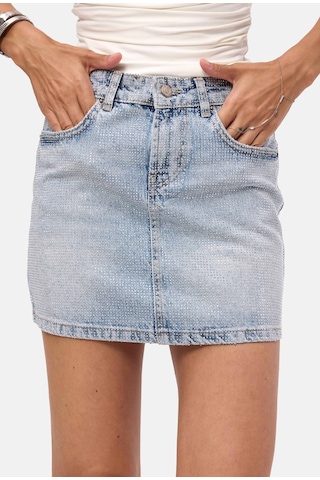 Kadın Ice T-4s6-3 Straight Mini Parlak Taşlı Tasarım Denim Etek Ice Rengi