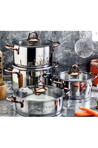 Oms 8 Parça Silindir Ezme Bakır Çelik Tencere Seti 1097-b