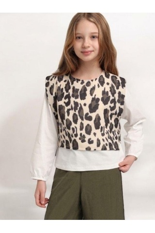 Escabel Kız Çocuk Leopar Bluzlu Pantolon Takım-15591 Haki