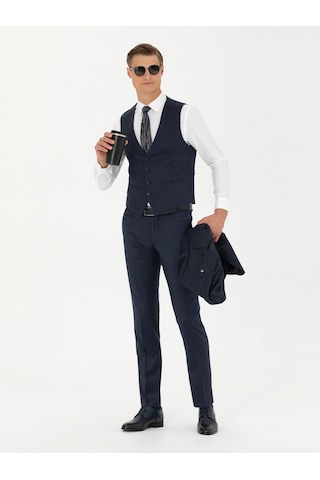 Cacharel Lacivert Slim Fit Yün Karışımlı Çizgili Klasik Yelek