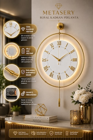 Gold - Royal Kadran Exclusive - Pilli Led - 3 Pil İle Gelir - Modern Metal Duvar Saati