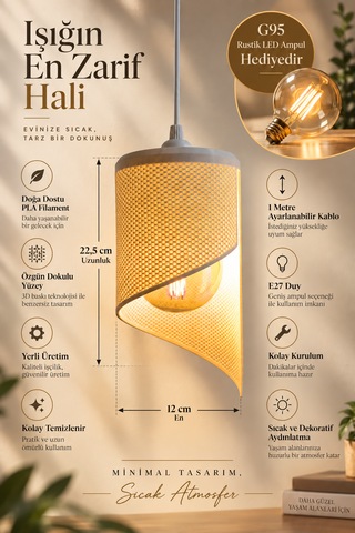 Spiral Tekli Sarkıt Avize Modern Özel Tasarım Salon Mutfak G95 Rustik Led Ampul Hediyeli Beyaz