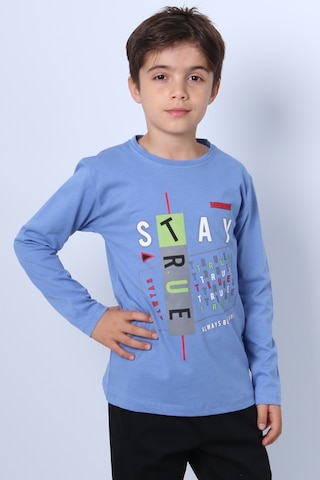 Hçm Erkek Çocuk Uzun Kollu Tshirt Stay True Baskılı Bisiklet Yaka E29 İndigo