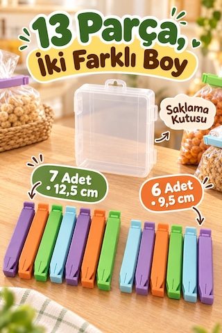 13 Adet Kutulu 2 Farklı Boy Renkli Poşet Kapatma Klipsi Mutfak Paket Ağzı Kapatıcı Düzenleyici Klips