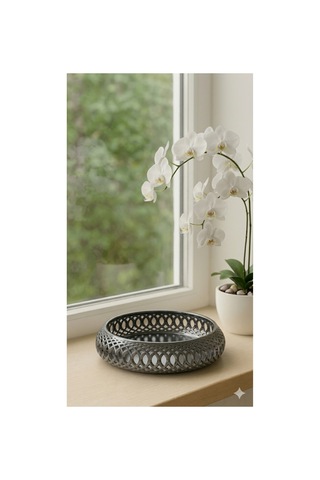 Gümüş Renk Dekoratif Kase - 21 X 5 Cm / Doğal El Yapımı Görünümlü, Modern Minimalist Tasarım Sunum & Organizer Gümüş