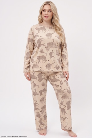 Siyah İnci Baskılı Büyük Beden Battal Boy Örme Pijama Takım 8089 Ten Leopar
