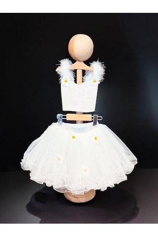 Kız Çocuk Papatyalı Pullu Croplu Tütü Etekli Takım-15765 Beyaz