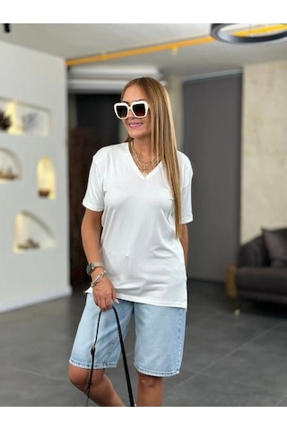 Defymoda Kadın Kısa Kollu V Yaka Bluz Beyaz