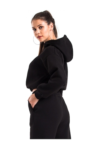 Caya Kadın Ekru Renk Kapüşonlu Crop Kesim Sweatshirt Cy84196 Beyaz Siyah