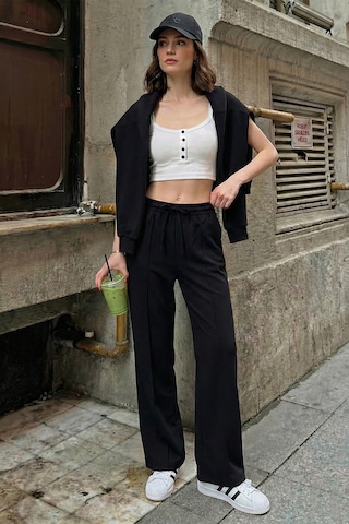 Lela Eşofman Çimalı Regular Fit Normal Bel Geniş Paça Bayan Eşofman Altı 5866260 Siyah