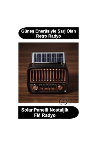 Solarradyo Güneş Panelli Şarjlı Nostaljik Fm Radyo Bluetooth Hoparlör Aux Usb Tf Kart Girişli Am Sw