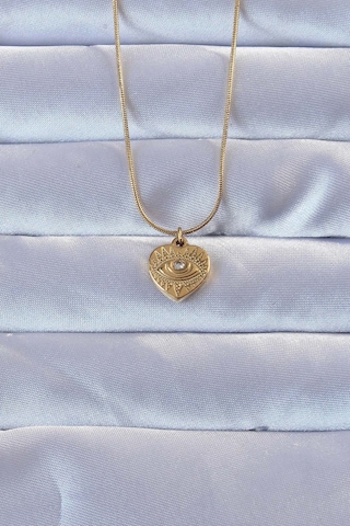 Gold Renk Zirkon Taşlı İşlemeli Göz Detay Kalp Kolye - Ebj240928w28334 Bakır