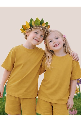 Mshb&g Hardal Bisiklet Yaka Oversize T-shirt Çocuk Unisex %100 Pamuk Renkli