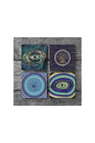 Nazar Taş Bardak Altlığı Seti - 4 Parça - Dekoratif, Rustik Mutfak Aksesuarı, 10x10 Cm, Kaydırmaz Tabanlı, Şık Genel