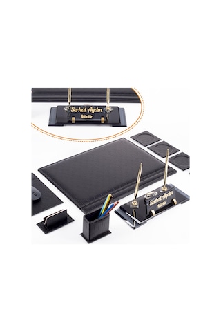 Siyah Hasır Sümen Takımı Elit Kristal Masa İsimliği Lüks Ofis Sümen Seti Ve Masa İsimlik