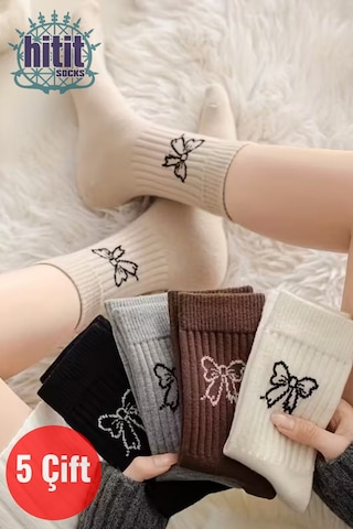 Hitit Socks Kadın 5 Çift Premium Kalite Kurdele Desenli Günlük Kullanıma Uygun Kolej Çorap Çok Renkli