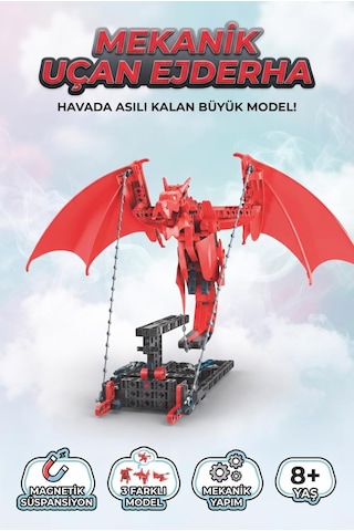 Clemento-ni Uçan Ejderha Kendin Yap 3 Adet Modelli Mekanizmalı Manyetik 220+ Parça Oyuncak Ejderha