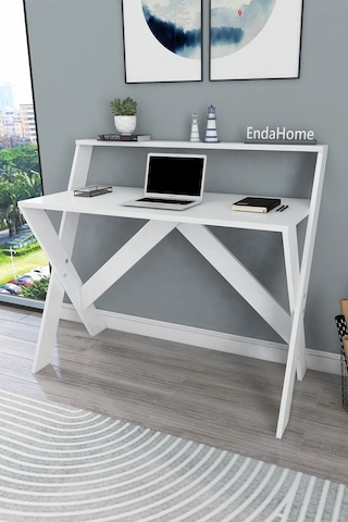 Enda Home X Ayaklı Raflı Ders Çalışma Masası 50x90 Cm Beyaz