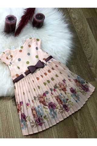 Kız Çocuk Bebek Pembe Puanlı Çiçekli Doğum Günü Hediye Şık Prenses Elbise Pembe