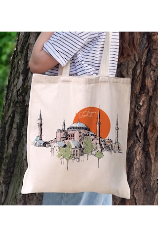 Bk Gift Ayasofya Tasarımlı Kanvas Bez Çanta, Baskılı Omuz Çantası, Alışveriş Çantası, Plaj Çantası, Arkadaşa Hediye-4 Sarı