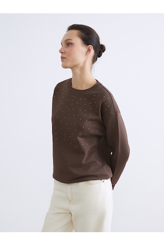 Lcw Everyday Kahverengi Taşlı Oversize Kadın Kalın Sweatshirt