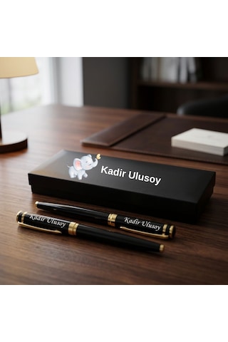 Sevimli Fil Tasarımlı Kişiye Özel Kalem Seti - İsim Yazılı Roller Ve Dolma Kalem