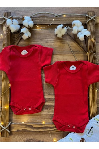 Betül Bebek Kısa Kollu 2'li Organik Pamuk Çıtçıtlı Bebek Body&zıbın 2adet Kırmızı