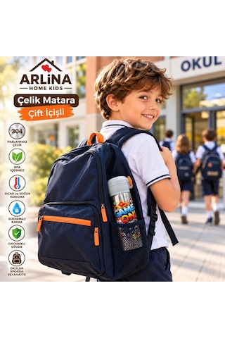 304 Paslanmaz Çelik Termos Çift İçim Modlu Kilit Kapaklı Çocuk Matarası 600 Ml Turuncu