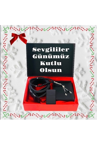 Carlino Hediye Seti Erkek Siyah Kemer Cüzdan Tesbih Çakmak Kapak Not Siyah