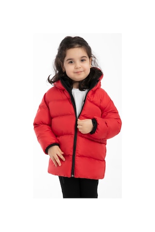 Kız Çocuk Kırmızı Içi Polarlı Kapüşonlu Su Geçirmez Rüzgara Dayanıklı Şişme Kışlık Mont Kırmızı