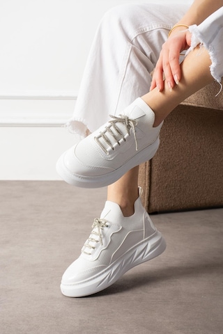 Shoetek Polivya Kadın Sneakers Taşlı Bağcıklı Triko Dokumalı Spor Ayakkabı Beyaz Deri Beyaz