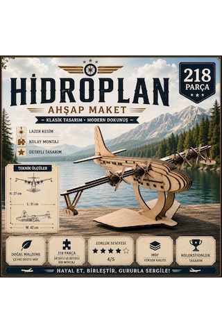 Vintage Hidroplan 3d Ahşap Maket 218 Parça Lazer Kesim Mdf Kolay Montaj Koleksiyonluk Uçak Maketi