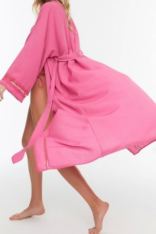 Ersefa Moda Dokuma Regular Kalıp Uzun V Yaka Standart Kol Crinkle Basic Pembe