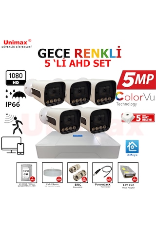 Unımax 5mp Sony Lens 5 Kameralı Güvenlik Seti 100m Kablo 30m Gece Görüş Xmeye Warmled