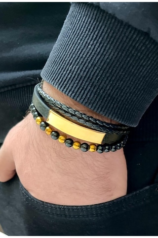 Deri Ve Çelik Mixli Boncuk Aksesuarlı 3 Lü Erkek Bileklik 21 Cm Siyah
