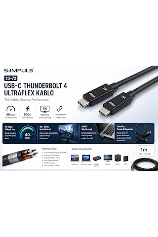 S-ımpuls Usb-c Thunderbolt 4 Ultraflex Kablo 40gbps, 100w Pd, 8k Video, Usb4 Uyumlu 2 Metre
