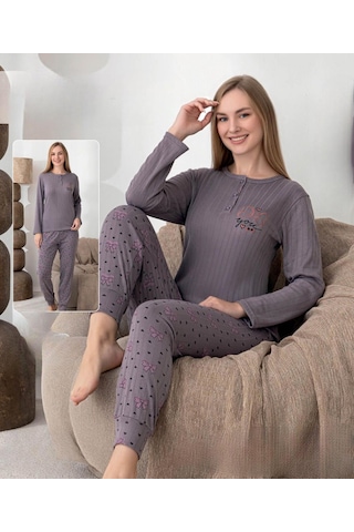 Lindros Kadın Pamuk'lu Düğme Yaka Raporlu İnterlok Kışlık Pijama Takımı 0274 - 1 Adet Füme