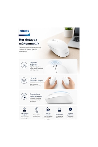 Philips SPK7307WL/00 Kablosuz Optik Mouse 2.4GH 1600 DPI Sessiz Tıklama Ergonomik Beyaz