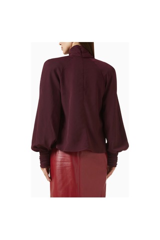 Rowen Rose Oversized Bow - Neck Blouse, Lüks Georgette Yüksek Yakalı Şık Balon Kollu Bluz Bordo